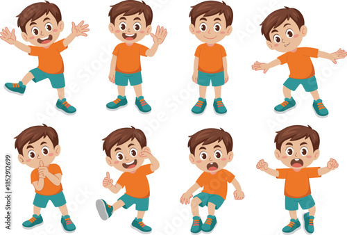 Cartoon character sheet illustration showing multiple poses expressions and design views for animation game design comic and mascot projects