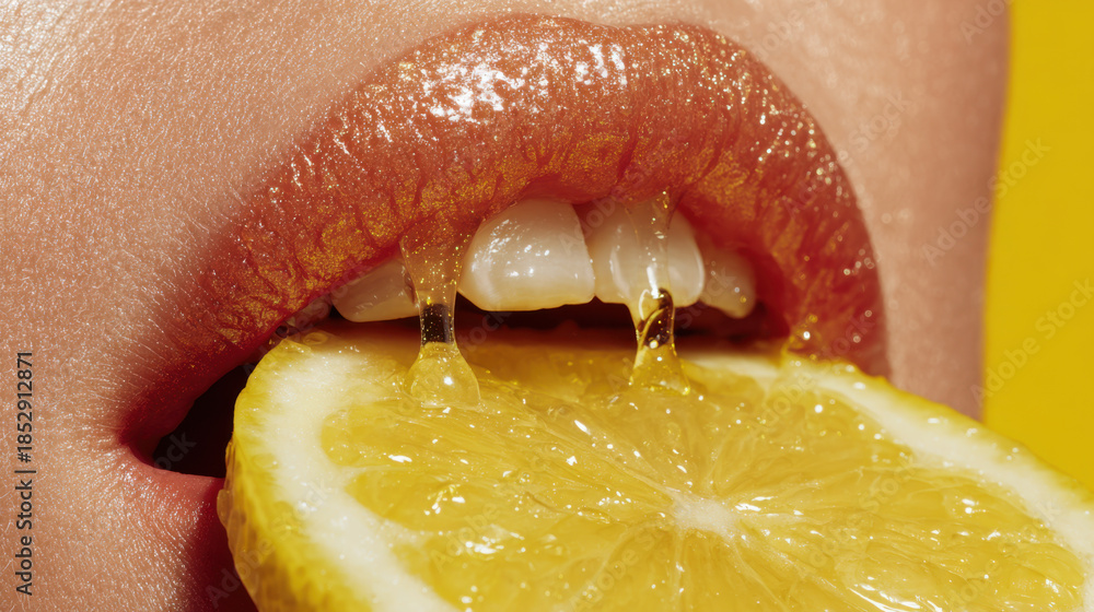Obraz premium Woman biting a lemon slice with honey dripping on a yellow background