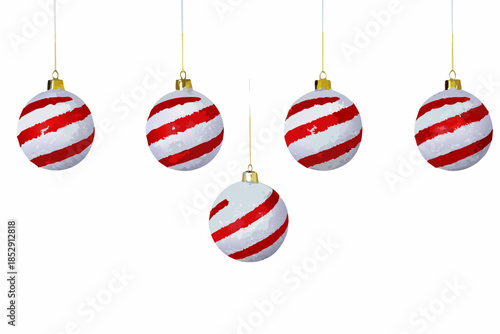 A collection of red and white striped christmas ornaments hanging from strings