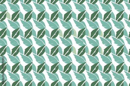 A repeating pattern of stylized green and teal leaves on a white background