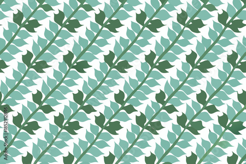 Repeating pattern of green leaves and teal stems on a white background
