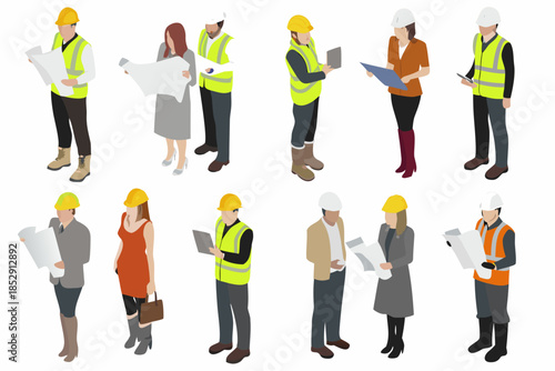 Isometric illustration of construction workers and professionals reviewing blueprints together