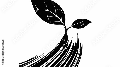 Black ink illustration of a growing plant emerging from abstract textured lines