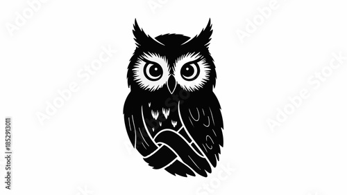 Mysterious black owl with large, observant eyes against a stark white background