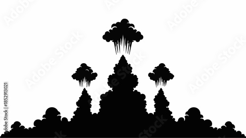 Dramatic silhouette of smoke plumes rising against a white background, suggesting power or disaster.
