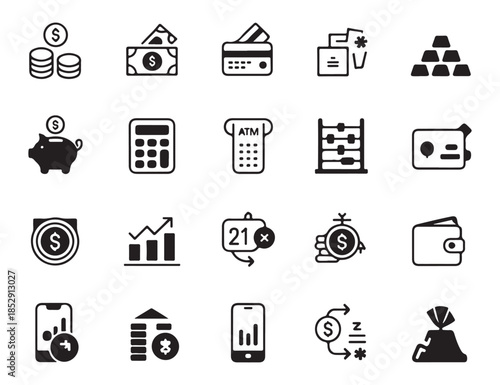 Financial payment icons, such as coins, cash, cards, ATM, mobile, piggy bank, calculator and gold bars