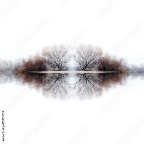 A serene landscape featuring bare trees reflected on a calm lake, creating a tranquil and minimalist atmosphere, Ideal for nature-themed projects, relaxation, or fine art prints,
