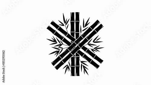 Abstract black bamboo stalks and leaves arranged in a symmetrical pattern on a white background