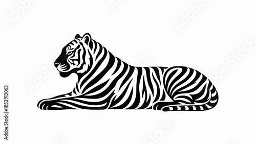 Majestic tiger rests peacefully, its powerful form depicted in striking black and white stripes against a clean background.