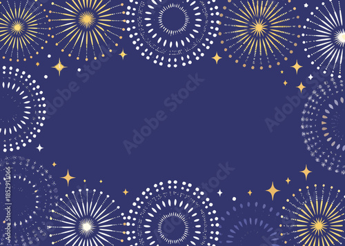 Celebratory fireworks display with sparkling starbursts on a dark blue background