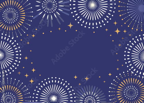 Festive fireworks display with gold and white bursts on a dark blue background
