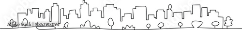 A charming continuous single line drawing depicts a bustling city skyline with numerous buildings and trees