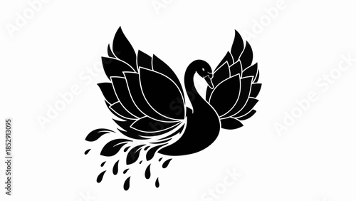 Elegant black swan with stylized wings and trailing droplets on white background