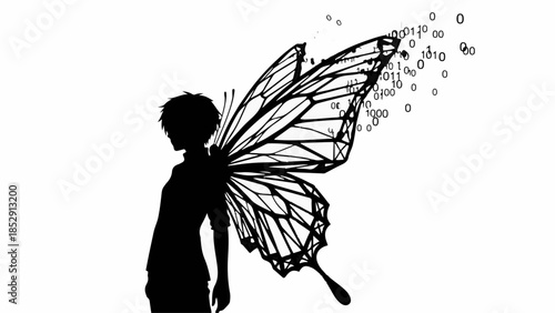 Silhouette of a person transforming into a digital butterfly with binary code wings