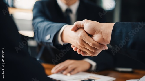 handshake. Two professionals shaking hands in a formal office setting. pitch deck slides, case study pages, designed for brand storytelling and e-commerce strategy, used by marketing managers.