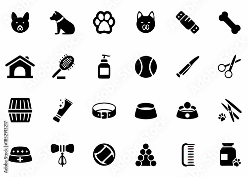Black silhouettes of pet accessories animals and grooming tools on white background