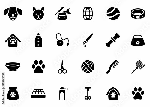 Collection of black and white pet care icons including dogs cats and accessories
