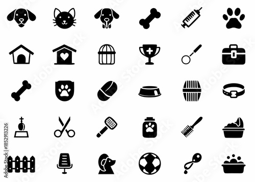 Collection of black and white veterinary icons depicting animal care and supplies