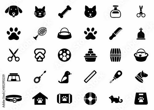 Collection of black and white icons depicting pets accessories and care items
