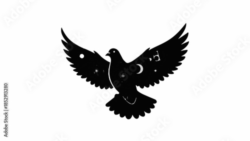 Peaceful silhouette of a dove with celestial elements in its wings, symbolizing hope and dreams.