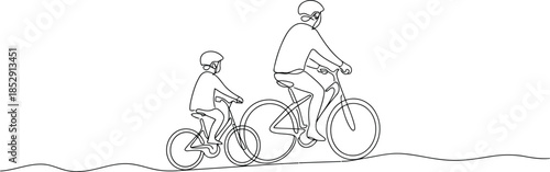 A continuous line drawing depicts a father and child happily riding bicycles together on a wavy path