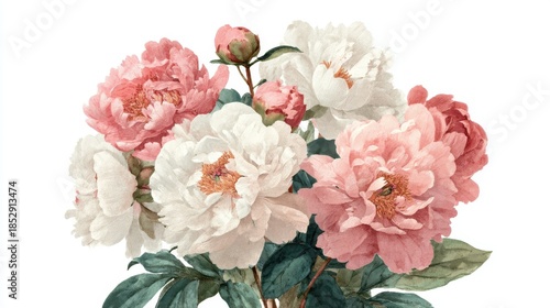 Watercolor pink and white peonies bouquet, beautiful blooming floral arrangement isolated on white background