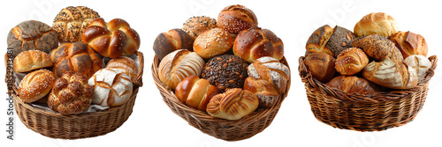 Set of freshly baked breads arranged in baskets isolated on transparent or white background
