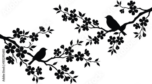 Bird silhouettes perched on flowering branches isolated on white background elegant floral nature vector illustration spring decoration design art clipart
