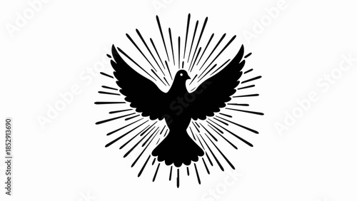 Symbolic black dove with radiating lines representing peace and hope