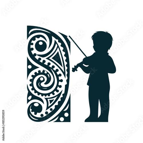 Child Violinist Silhouette with Ornate Tribal Pattern Vector