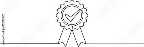 A continuous line drawing of a prize badge or rosette featuring a prominent checkmark and ribbons