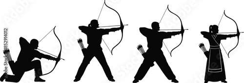 Set of archer silhouettes aiming bows and arrows, ancient archery warriors and hunters in dynamic shooting poses isolated on white