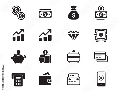 Financial business icons set, including coins, cash, money bag, graphs, diamond, piggy bank and cards