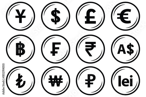 World currency signs and icons vector bundle set. Global currency symbols in circle, modern styles. Money, dollar, and world currency signs and icons vector bundle set featuring global currency symbol