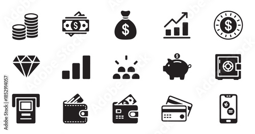 Money and finance icons set, depicting coins, cash, bag, charts, diamond, safe, ATM, cards and mobile payment