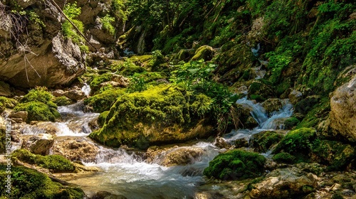 dappled. Forest stream water flowing around a mossy rock, creating whirlpools in sunlight. travel magazines, destination branding, designed for outdoor magazines and nature guides.