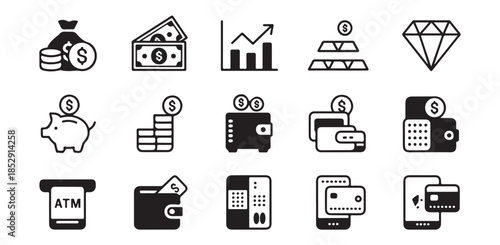 Collection of financial icons for money savings investment and payment transactions finance