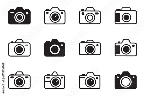 Camera icon set. black and white outline and filled camera symbols for photography concept