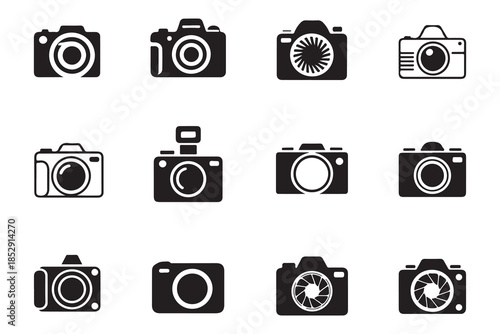 Camera icon set. black and white line art and solid camera symbols with lens details
