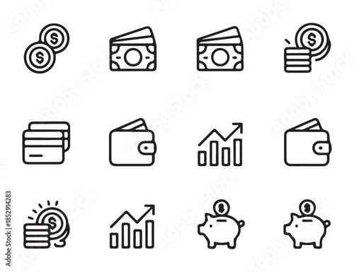 Set of line art financial icons including money cards piggy bank graphs and coins for business