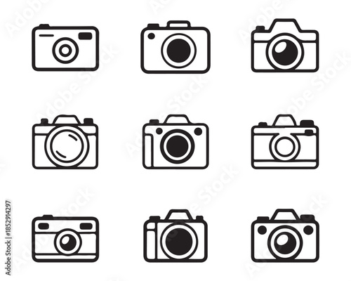 Camera icon set. black and white outline camera symbols for photography applications