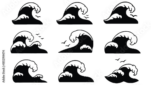 A collection of nine stylized black and white wave illustrations.