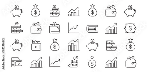 Outline icons of financial elements including money bags, wallets, and growth charts