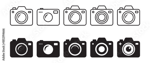 Camera icons black and white outline and solid styles for photography and visual content