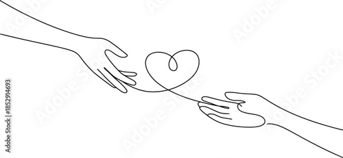 A continuous line drawing shows two hands reaching out to form a heart symbol