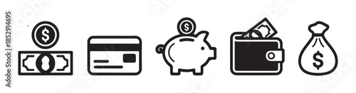 Money and finance flat icons set, piggy bank wallet credit card cash coins bag