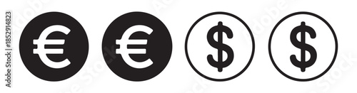 Euro and dollar currency symbols in circles, black and white for finance and economy