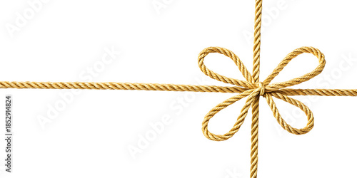 Golden rope string with knotted bow in corner against white or transparent background.