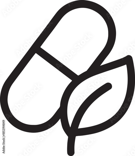 Medicine capsule with leaf overlay, wellness and supplement health icon silhouette, vector EPS
