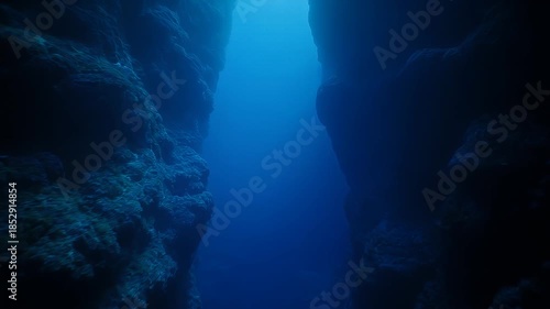 Enchanting underwater canyon bathed in deep blue, where sunlight filters through a narrow crevice, revealing the profound mystery and ancient beauty of the ocean's hidden depths